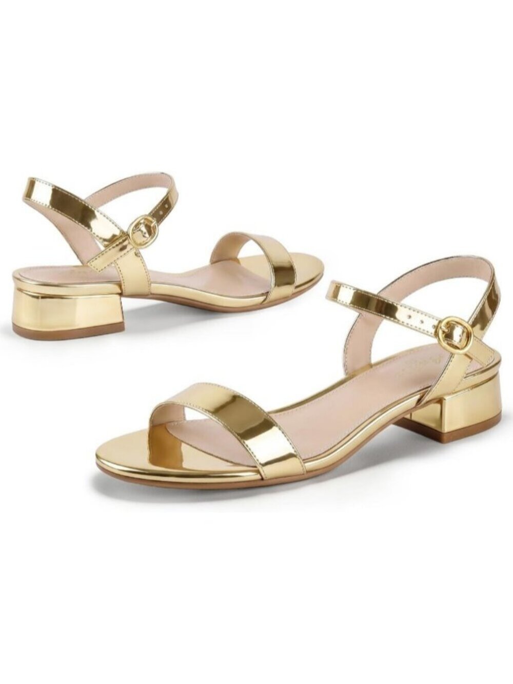 Women's Gold Pu Low Heel 1 Inch Dressy Sandal Ankle Strap Open Short Heeled
